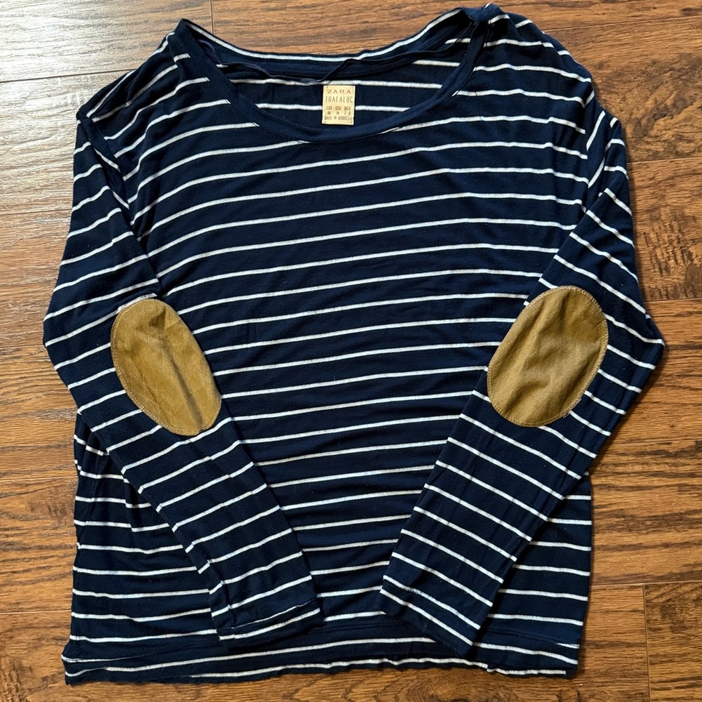Zara Navy Blue and White Striped Long Sleeve Tee with Elbow Patches Size Medium